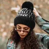 Fashnzfab Fleece Lining Puffer Knit Pom Pom Beanie Hat In Black
