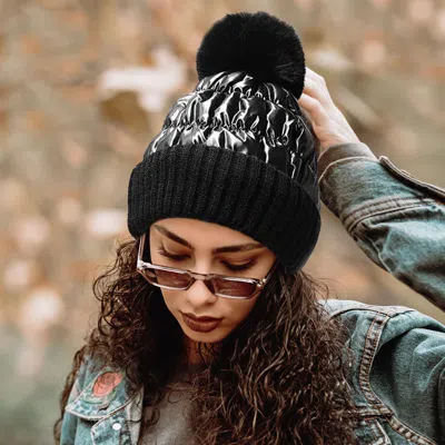 Fashnzfab Fleece Lining Puffer Knit Pom Pom Beanie Hat In Black