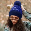 Fashnzfab Fleece Lining Puffer Knit Pom Pom Beanie Hat In Blue
