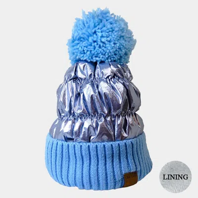 Fashnzfab Fleece Lining Puffer Knit Pom Pom Beanie Hat In Blue