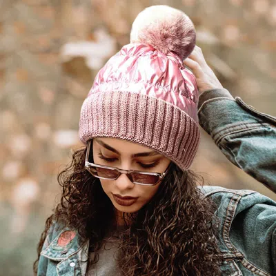 Fashnzfab Fleece Lining Puffer Knit Pom Pom Beanie Hat In Brown