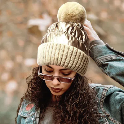 Fashnzfab Fleece Lining Puffer Knit Pom Pom Beanie Hat In Gold