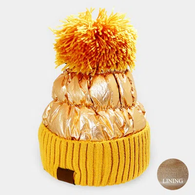 Fashnzfab Fleece Lining Puffer Knit Pom Pom Beanie Hat In Gold