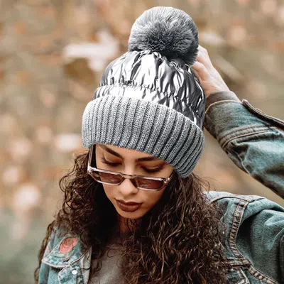 Fashnzfab Fleece Lining Puffer Knit Pom Pom Beanie Hat In Gray