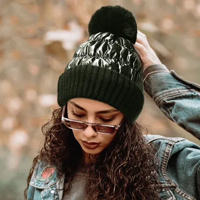 Fashnzfab Fleece Lining Puffer Knit Pom Pom Beanie Hat In Green