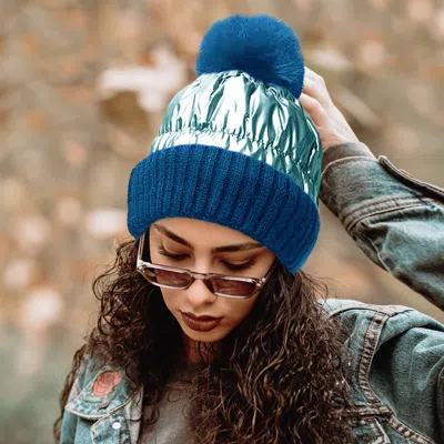 Fashnzfab Fleece Lining Puffer Knit Pom Pom Beanie Hat In Blue