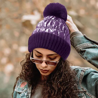 Fashnzfab Fleece Lining Puffer Knit Pom Pom Beanie Hat In Purple
