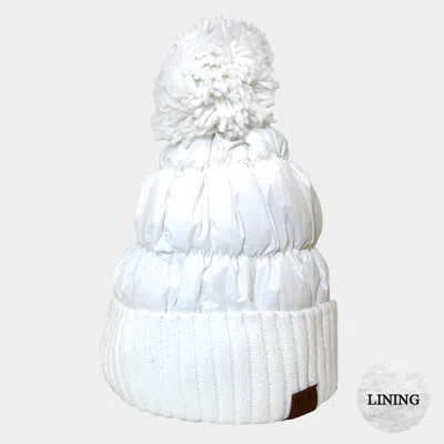 Fashnzfab Fleece Lining Puffer Knit Pom Pom Beanie Hat In White