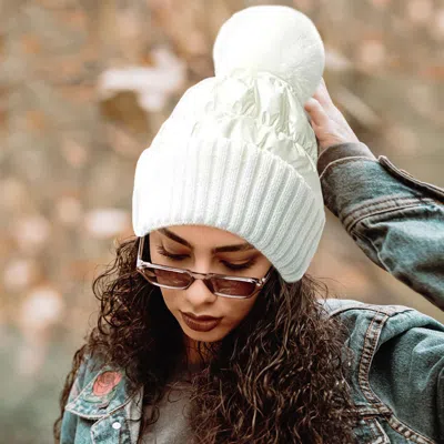 Fashnzfab Fleece Lining Puffer Knit Pom Pom Beanie Hat In White
