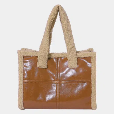 Fashnzfab Fleece Trim Faux Leather Tote Bag / Crossbody Bag In Brown