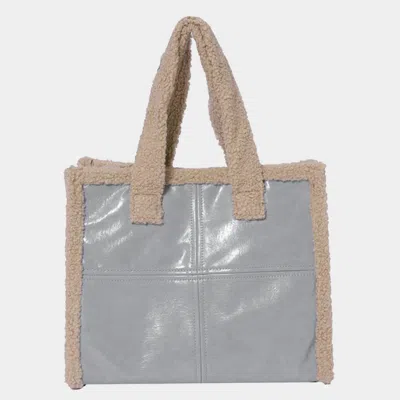 Fashnzfab Fleece Trim Faux Leather Tote Bag / Crossbody Bag In Gray