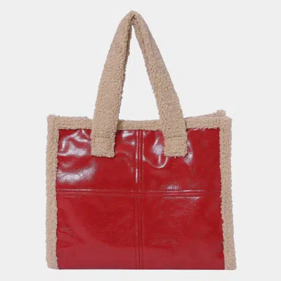 Fashnzfab Fleece Trim Faux Leather Tote Bag / Crossbody Bag In Red