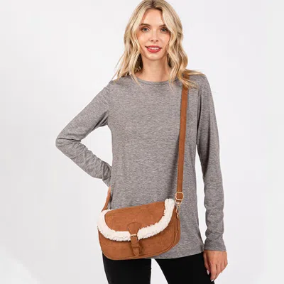 Fashnzfab Fleece Trimmed Solid Crossbody Bag In Brown