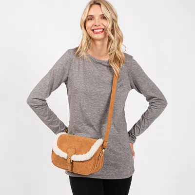 Fashnzfab Fleece Trimmed Solid Crossbody Bag In Brown