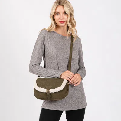 Fashnzfab Fleece Trimmed Solid Crossbody Bag In Green