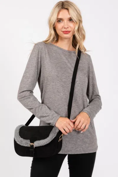 Fashnzfab Fleece Trimmed Solid Crossbodybag Adjustable Strap In Black