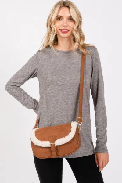 Fashnzfab Fleece Trimmed Solid Crossbodybag Adjustable Strap In Brown