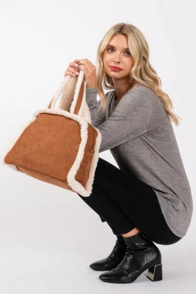 Fashnzfab Fleece Trimmed Solid Tote And Crossbody Bag In Brown