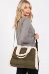 Fashnzfab Fleece Trimmed Solid Tote And Crossbody Bag In Green