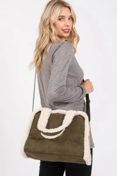 Fashnzfab Fleece Trimmed Solid Tote And Crossbody Bag In Green