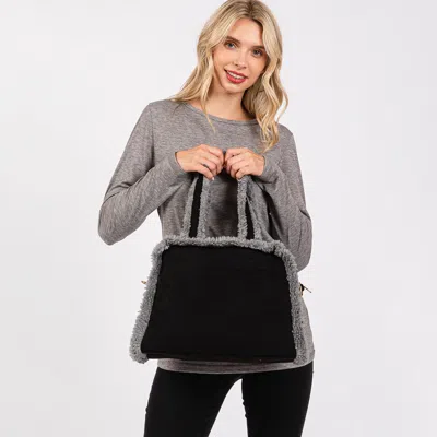 Fashnzfab Fleece Trimmed Solid Tote / Crossbody Bag With Adjustable Strap In Black
