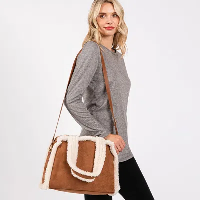 Fashnzfab Fleece Trimmed Solid Tote / Crossbody Bag With Adjustable Strap In Brown
