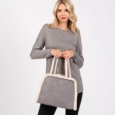 Fashnzfab Fleece Trimmed Solid Tote / Crossbody Bag With Adjustable Strap In Gray