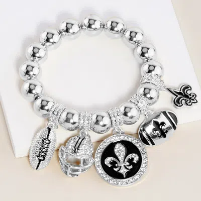 Fashnzfab Fleur De Lis Football Theme Charms Metal Ball Stretch Bracelet In Multi