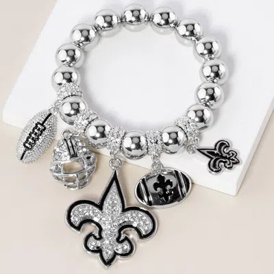 Fashnzfab Fleur De Lis Football Theme Charms Metal Ball Stretch Bracelet Rhodium In Silver