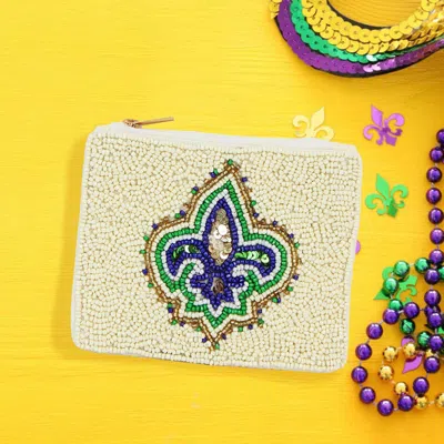Fashnzfab Fleur De Lis Mardi Gras Seed Beaded Mini Pouch Bag In White