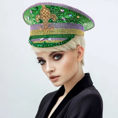 Fashnzfab Fleur De Lis Stone Embellished Mardi Gras Sequin Captain Hat In Multi