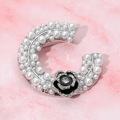 Fashnzfab Floral Accent Pearl Embellished Letter C Pin Brooch In Silver