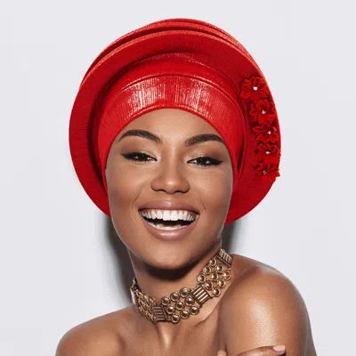Fashnzfab Floral Accent Structured Turban Hair Wrap In Red