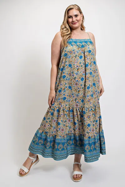 Fashnzfab Floral And Aztec Print Drop Down Maxi Dress With Spaghetti Strap In Blue