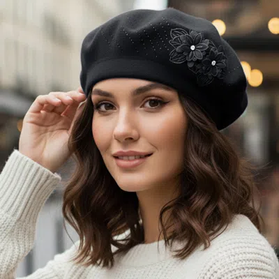 Fashnzfab Floral Applique Accent Winter Beret Hat In Black