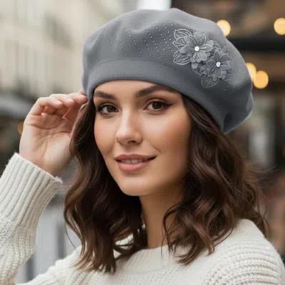 Fashnzfab Floral Applique Accent Winter Beret Hat In Black