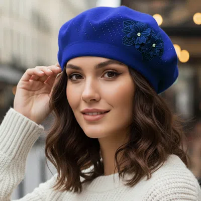 Fashnzfab Floral Applique Accent Winter Beret Hat In Blue