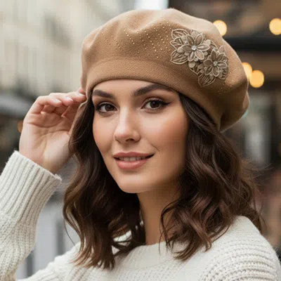 Fashnzfab Floral Applique Accent Winter Beret Hat In Gold