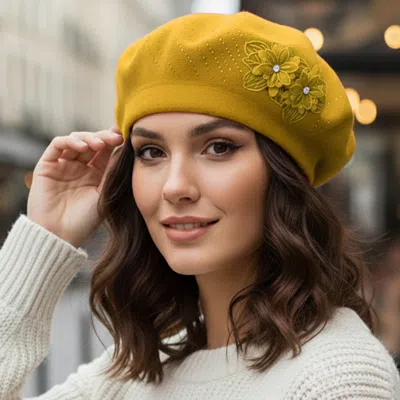 Fashnzfab Floral Applique Accent Winter Beret Hat In Gold