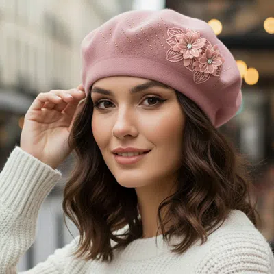 Fashnzfab Floral Applique Accent Winter Beret Hat In Pink