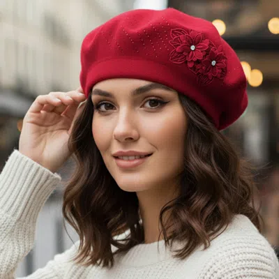 Fashnzfab Floral Applique Accent Winter Beret Hat In White