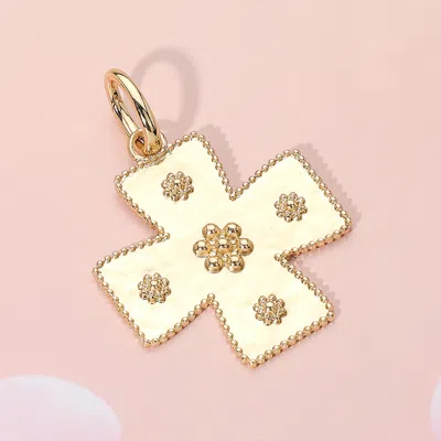 Fashnzfab Floral Beaded Metal Cross Pendant / Bag Charm In Gold