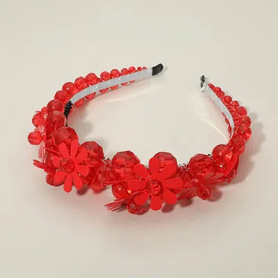 Fashnzfab Floral Beaded Statement Headband In Red