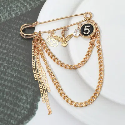 Fashnzfab Floral Bird Number Disc Charm Layered Chain Safety Pin Brooch In Gold