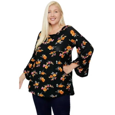 Fashnzfab Floral, Bubble Sleeve Tunic In Black