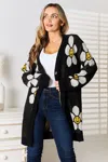 Fashnzfab Floral Button Down Longline Cardigan In Black