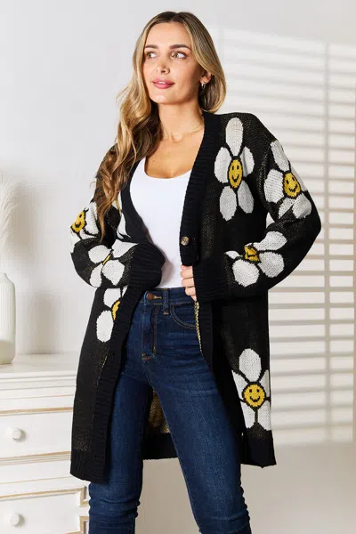 Fashnzfab Floral Button Down Longline Cardigan In Black