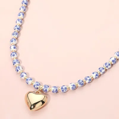 Fashnzfab Floral Ceramic Ball Beaded Heart Pendant Necklace In Blue