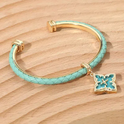 Fashnzfab Floral Charm Accent Faux Leather Braided Cuff Bracelet In Gold