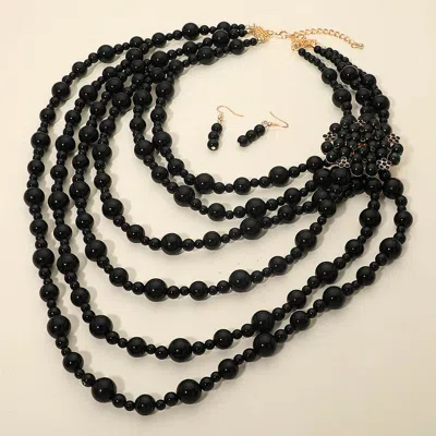 Fashnzfab Floral Cluster Accent Bead Layered Statement Necklace In Black